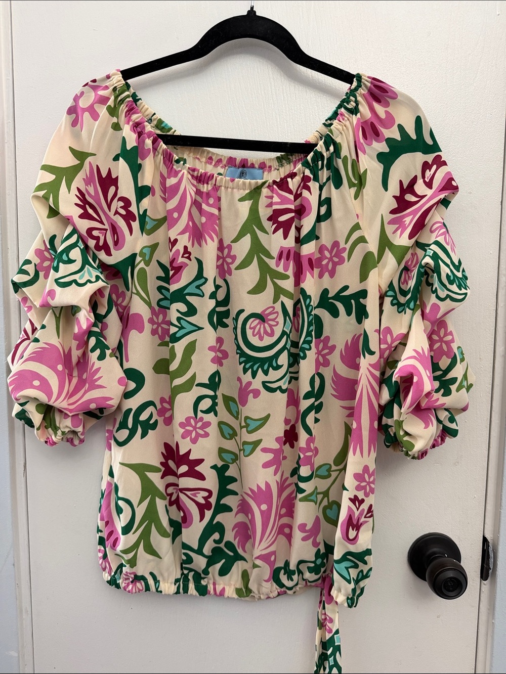 CeCe Cream Floral Off-Shoulder Blouse with Pink & Green Accents
